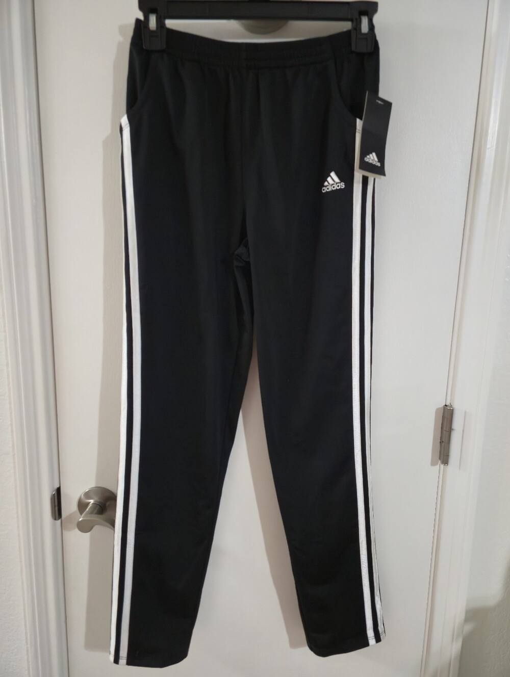 NWT Boys Adidas Black Athletic Pant Joggers with White Side Stripes. Size 14.
